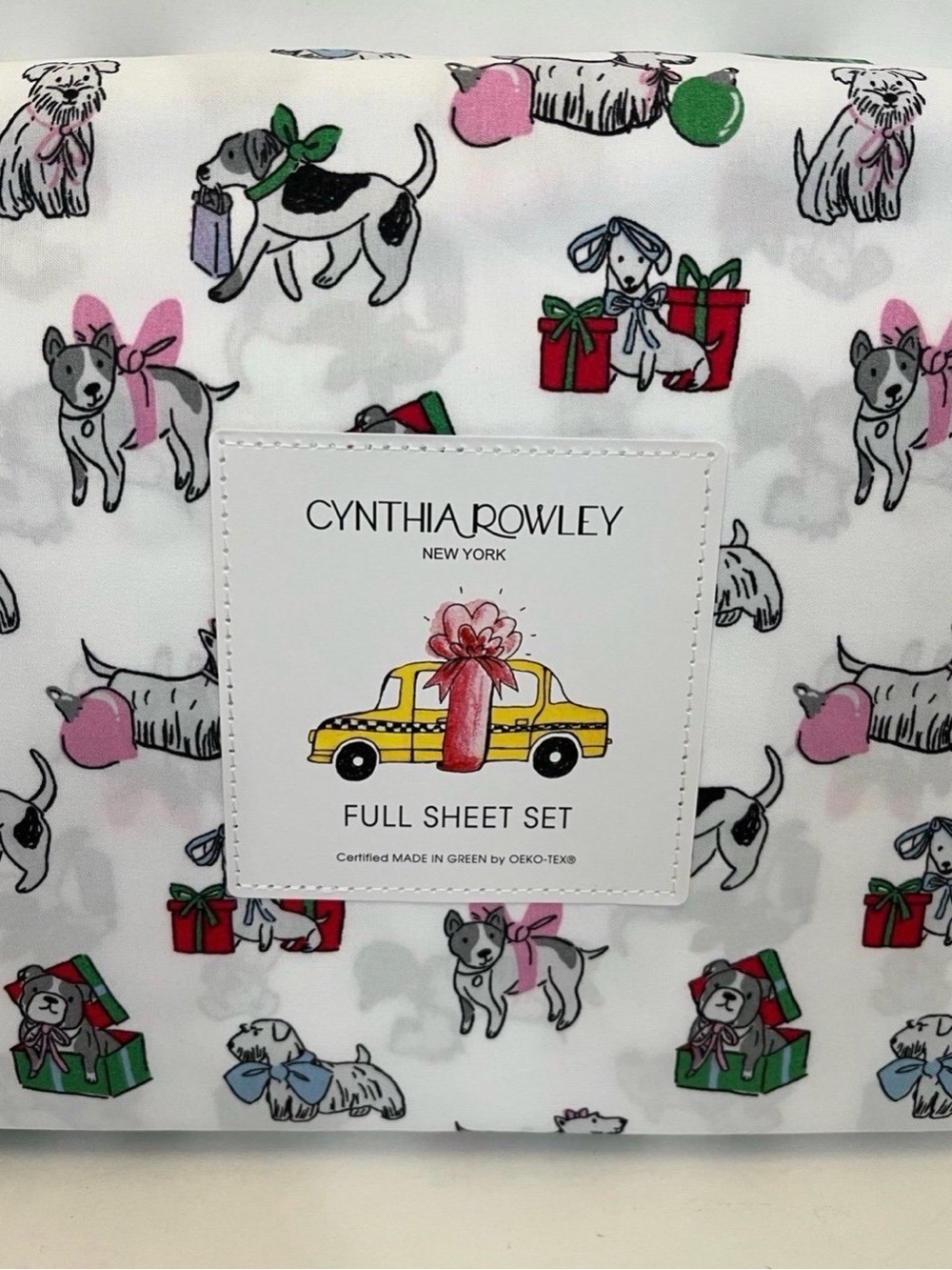 Cynthia Rowley Puppy Cheer Full Size Sheet Set Presents Bows Ornaments Gifts - Picture 4 of 11